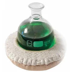 This cloth-housed lower hemispherical heating mantle is designed for uniform heating of round-bottom flasks in laboratory applications such as distillation, extraction, and synthesis. It features a fiberglass cloth construction, 100 W maximum wattage, and a maximum temperature of 450°C. The mantle includes a 3-inch lead wire and does not require a separate controller for operation.