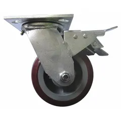 Swivel caster with brake designed for drum trucks. Overall height 6 1/2 inches, width 4 inches. Constructed from plastic, polyester, and steel. Provides mobility and braking control for maneuvering and securing loaded drums in material handling applications.