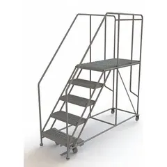 This rolling single-access platform provides stable elevated access for maintenance, assembly, and material handling tasks. It features a steel platform measuring 24 in x 47 in with a fixed height, a foot-activated step lock for secure positioning, and includes handrails. Supports up to 800 lb.