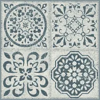 Blue vinyl peel-and-stick tile from the Artigiano Charm line. Each tile measures 12 inches wide, with an embossed surface. Package covers 30 square feet. Suitable for commercial or industrial flooring applications where a durable, easy-to-clean surface is required