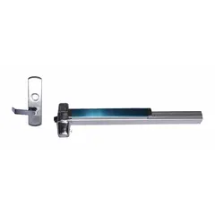 Rim-type exit device with touchbar push pad and lever outside trim. Chrome finish. Designed for doors up to 3 ft wide. Suitable for emergency egress applications requiring code-compliant panic hardware.
