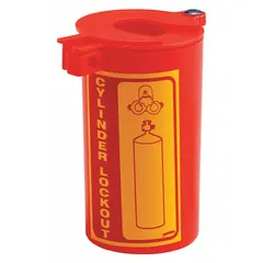 Gas cylinder lockout device designed to secure valves during maintenance, preventing accidental release. Accommodates valve stems up to 1 1/2 inches in diameter. Used in lockout/tagout procedures for gas cylinders.