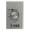 This dial fan speed control adjusts the speed of reversible fans in HVAC systems. It features a SPST configuration with three dials, rated at 5 A, and operates on 120V AC input. The unit has an aluminum plate with a silver finish.