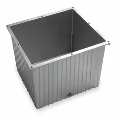 Aluminum hydraulic tank with 2.6 gal nominal capacity and 601 cu in displacement. Overall height 8.27 in, overall length 12.2 in. Used to store hydraulic fluid in industrial hydraulic systems, ensuring consistent oil supply to pumps and actuators.