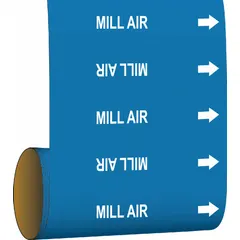 Blue adhesive pipe marker with white 'Mill Air' legend and directional arrows. Fits pipe outer diameters from 2-1/2 to 6 inches. Supplied on a roll of 30 markers for identifying compressed air lines in industrial piping systems.
