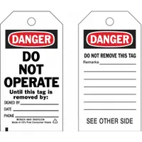 BRADY Danger Tag: Danger, Danger Do Not Operate, Polyester, Date/Phone/Remarks/Signed By, English (MPN 86461)