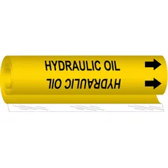 Wrap-around pipe marker for identifying hydraulic oil lines. Yellow background with black legend and directional arrows. Fits pipe outer diameters from 2-1/2 to 7-7/8 inches. Single marker supplied.