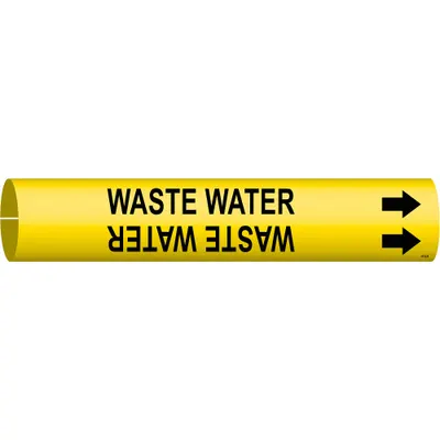 BRADY Pipe Marker: Waste Water, Yellow, Black, Fits 1 1/2 to 2 3/8 in Pipe O.D. - Waste Water Snap-On Pipe Markers