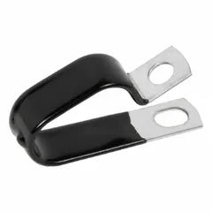 This double tube clamp from KMC is constructed of galvanized steel with a vinyl plastisol cushion. Designed for a maximum outer diameter of 1 inch, it secures and organizes cables, tubes, or pipes while protecting surfaces from abrasion and vibration. Suitable for industrial electrical, pneumatic, and hydraulic installations.