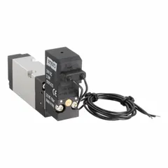Four-way, two-position solenoid air control valve with base-mounted body, single solenoid, 24V DC coil, spring return, internal pilot, normally open configuration, and non-locking manual override. Used for directing compressed air in pneumatic actuators, packaging lines, and material handling equipment.