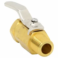 This 1/4 in mini brass ball valve features a straight body with standard port and lever handle. End connections are male NPT x female NPT. It is used for on/off flow control in compact piping systems such as pneumatics, hydraulics, and instrumentation.