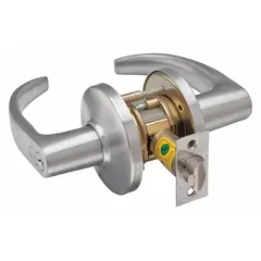 This BEST office lever lockset features a 9K Curved Return Lever in Satin Chromium-Plated Zinc finish. It is ADA compliant and equipped with a Large Format Interchangeable Core (LFIC) for key control and rekeying flexibility. Suitable for commercial interior doors requiring secure access.