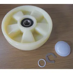 This steer wheel kit is a replacement part for pallet jacks, designed to restore steering function on compatible models. It is used in warehouses and distribution centers to maintain material handling equipment. The kit includes the steer wheel assembly and is finished in white.