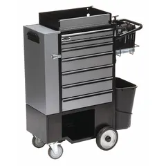 This heavy-duty utility cart features a no-lid design with multiple drawers for organizing and transporting tools. It measures 37-1/2 inches wide, 14-1/2 inches deep, and 45 inches high, with a 3-point locking system to secure contents. Suitable for maintenance, assembly, and repair environments requiring mobile tool storage.