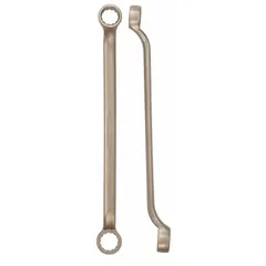 This nonsparking wrench is designed for use in hazardous environments where ignition from sparks must be avoided. It features a double-end, 12-point box end configuration with 17 mm and 19 mm head sizes, an 11-inch overall length, and an offset design for improved access to fasteners in confined spaces.