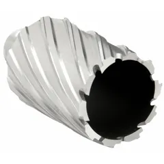 This high-speed steel annular cutter features a 1-11/16 in diameter and 2 in maximum cutting depth. It includes a pilot pin and has a bright finish with a Weldon Flat shank. Designed for use with magnetic drilling machines, it is suitable for general cutting applications in steel and other metals.