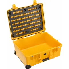 This black plastic lid panel measures 13 x 18 inches and features 56 openings for MOLLE-compatible pouches. It attaches to compatible cases via twist cam locks, providing a structured mounting surface for organizing gear.