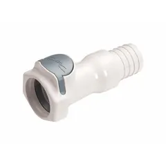 This polysulfone quick-disconnect tube fitting features a coupler x barbed connection with a 3/4 in ID size. It is used for fast, secure connections in fluid transfer systems, commonly applied in medical devices, laboratory equipment, and industrial pumps where chemical resistance is required.