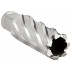 This high-speed steel annular cutter features a 25 mm diameter and a 2 in maximum cutting depth with a bright finish. Designed for stacked drilling operations, it cuts through multiple layers of metal in applications such as structural steel fabrication and heavy equipment maintenance.