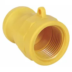 This Type A nylon cam and groove adapter features a 2 in coupling size with a 2 in -11-1/2 FNPT thread and a 2 in hose fitting size. It is used for quick, secure connections in fluid-handling systems for transferring liquids, powders, or gases.