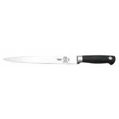 This 10-inch carving knife features a forged steel blade with a taper ground edge for precise slicing. The black Santoprene handle provides a secure grip. NSF certified, it is suited for slicing cooked meats, poultry, and roasts in food preparation environments.