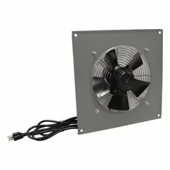 Standard direct-drive panel exhaust fan with 8 in galvanized steel blade, 3/100 hp single-phase motor, delivering 292 to 360 cfm at 115V AC. Features powder-coated steel frame, intake guards, and totally enclosed air-over motor enclosure. Suitable for general ventilation in industrial or commercial spaces.
