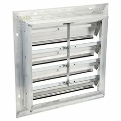 This wall-mount backdraft damper features a single-panel aluminum shutter with flat blades. Designed for vertical mounting, it allows horizontal airflow in one direction while preventing reverse flow when the fan is off. Suitable for use with a 20-inch fan, it handles a maximum air velocity of 2500 fpm.
