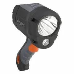 Handheld spot-beam light with polymer black housing. Delivers 800 lumens max brightness and 475 m max beam distance. Operates for 5 hours at max brightness. Powered by 6 AA batteries (included). Suitable for outdoor search, inspection, and security applications requiring a concentrated long-range beam.