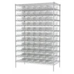 Steel-framed shelving unit with silver finish, 48 x 24 x 74 inches, one-sided. Includes 66 clear polymer shelf bins (4 x 6-5/8 x 23-5/8 inches each) on 12 shelves. Open-front design provides easy access to stored items. Suitable for organizing small parts, tools, and components in industrial storage areas.