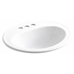 This KOHLER countertop bathroom sink is made of white vitreous china with a centerset configuration. It measures 20 1/4 inches in overall length and 17 1/2 inches in overall width. Designed for installation in residential or commercial bathrooms, it accommodates a single-hole faucet (not included).