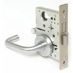 This privacy lever lockset is designed for interior doors requiring locking, such as bathrooms or bedrooms. It features a satin chromium-plated stainless steel finish, is ADA compliant, and includes an interchangeable core for keying flexibility. The ANSI F19 function allows locking by turning the interior lever or pushing a button, with emergency release via the exterior lever. The 40H rose style provides a clean appearance.
