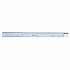 This stainless steel ruler measures 48 inches (1,200 mm) in length with a thickness of 0.07 inches. It features a rigid, square-edge design with clear black etched decimal graduations in 1 mm increments. The ruler is oriented horizontally with an outside read and includes a pouch for storage. Typical applications include precision linear measurement, layout work, and scribing lines on metal or plastic workpieces in machining, fabrication, and quality inspection.