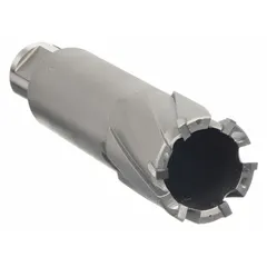 Carbide-tipped annular cutter with a 1-7/16 in diameter and 3 in maximum cutting depth. Bright finish, uncoated, with Weldon Flat shank for use with portable magnetic drills. Suitable for cutting structural steel and stainless steel in fabrication and construction applications.
