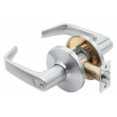 This office lever lockset is ADA compliant and features a Large Format Interchangeable Core (LFIC) for key control. The 9K Contour Angle Return Lever is finished in Satin Chromium-Plated Zinc (F90). Suitable for commercial interior doors in office, institutional, and light-commercial settings.