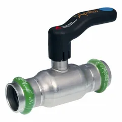 This APOLLO ball valve features a 2 in stainless steel straight valve body with full port ball port for minimal pressure drop. It uses Press x Press connections and a lever handle for on/off flow control. Suitable for industrial piping systems requiring corrosion resistance and full flow capacity.