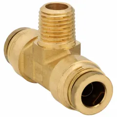 Brass tee fitting with push-to-connect x push-to-connect x MNPT ports, for 3/8 in OD tube and 3/8 in male NPT thread. Used in pneumatic and air-brake systems to create branch or distribution points in compressed-air lines.
