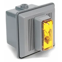 Wall-mount horn alarm with integrated strobe light for audible and visual alerting. Operates at 120V AC, connects via wire leads. Overall dimensions: 5 1/2 in width, 5 1/2 in length, 5/8 in height. Suitable for use in industrial signaling systems.