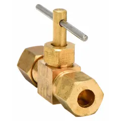 This brass straight-body needle valve features compression connections on both ends for 1/4 in pipe. Designed for water media, it uses a metal-to-metal seal for precise flow regulation and shut-off in plumbing systems.