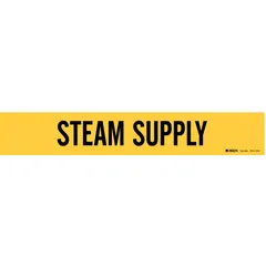 Yellow adhesive pipe marker with black legend reading 'Steam Supply', designed for pipe outer diameters from 2-1/2 to 7-7/8 inches. Supplied without arrows, this single marker is used to identify steam supply lines in industrial piping systems.