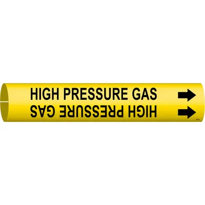 BRADY Pipe Marker: High Pressure Gas, Yellow, Black, Fits 3/4 to 1 3/8 in Pipe O.D. - High Pressure Gas Snap-On Pipe Markers