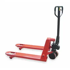 This general purpose pallet jack features fixed steel forks with a 36 in length and 27 in width, and a 14 in width between forks. It is used for lifting and moving palletized loads in warehouses, distribution centers, and manufacturing facilities.