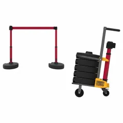 Mobile retractable belt barrier system for cordoning off hazardous areas. Includes four red posts with 15-foot red message belts printed 'Danger High Voltage Keep Out' and five round flat bases. Used in industrial facilities to warn of electrical hazards.