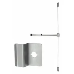This rim-type exit device features a touchbar style and aluminum construction, designed for doors up to 3 ft wide. It includes a night latch outside trim for key-locking from the exterior while allowing push-pad release from inside. Compliant with ADA requirements for accessible egress.