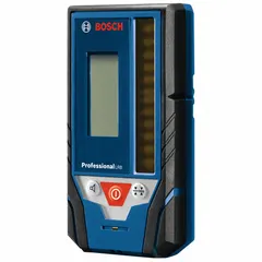 Laser level receiver for detecting beams from compatible line or rotary lasers. Plastic housing in blue and green/red color options. Includes AA batteries and mounting bracket. Overall height 5-3/8 inches.