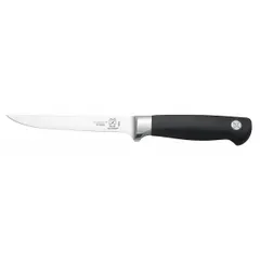 This forged boning knife features a 6 in flexible steel blade with a taper ground edge for precise cutting around bones and joints. The black Santoprene handle provides a secure grip. NSF certified. Suitable for deboning, trimming, and filleting meat, poultry, and fish in professional kitchens.