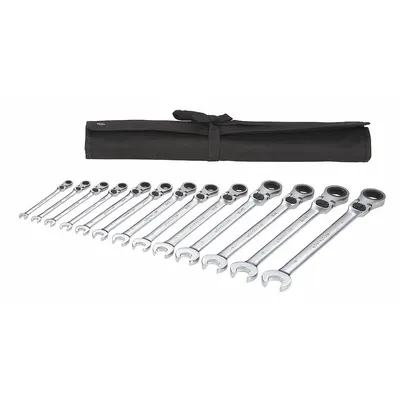 WESTWARD Combination Wrench Set: Alloy Steel, Chrome, 13 Tools - SAE 12-Point Ratcheting Combination Wrench Sets