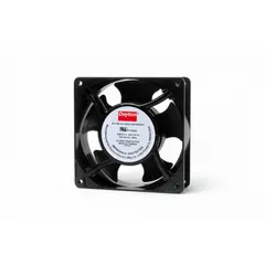 Standard square axial fan with polybutylene terephthalate blades, delivering 99 cfm at 0.000 in static pressure. Operates on 120V AC and features terminal connections with IP33 rating. Measures 4 11/16 in height by 1 1/2 in depth. Suitable for cooling electronic enclosures, control panels, and small equipment requiring low-pressure airflow.