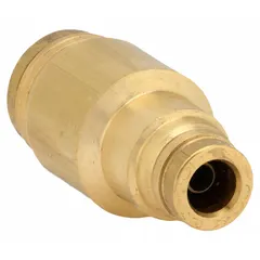 This brass union fitting features push-to-connect ends on both sides, enabling tool-free connection of tubes with different outer diameters. It is used in pneumatic systems and air brake lines to join tubing securely without leaks.