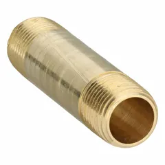 Brass pipe nipple with 3/8 in nominal pipe size, 2 1/2 in overall length, and Male NPT x Male connections. Rated for maximum operating pressure of 1,000 psi and maximum steam pressure of 1,000 psi. Used in instrumentation, pneumatic, and low-pressure steam systems for connecting male threaded fittings.