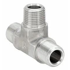 316 stainless steel tee with 3/8 in x 3/8 in x 3/8 in run x run x branch configuration, rated for 6,000 psi. Used in hydraulic and pneumatic systems requiring a branch connection from a main run line.